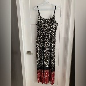 Black and White Patterned Maxi Dress with Red Hem